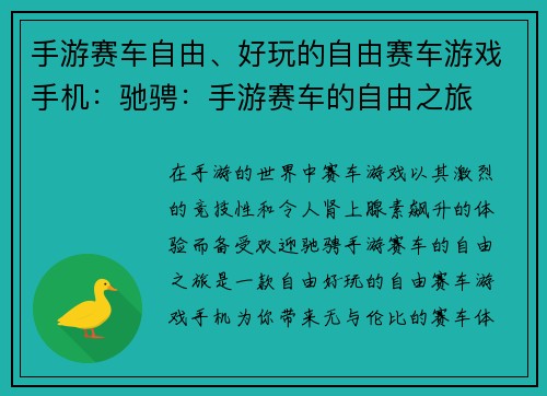 手游赛车自由、好玩的自由赛车游戏手机：驰骋：手游赛车的自由之旅